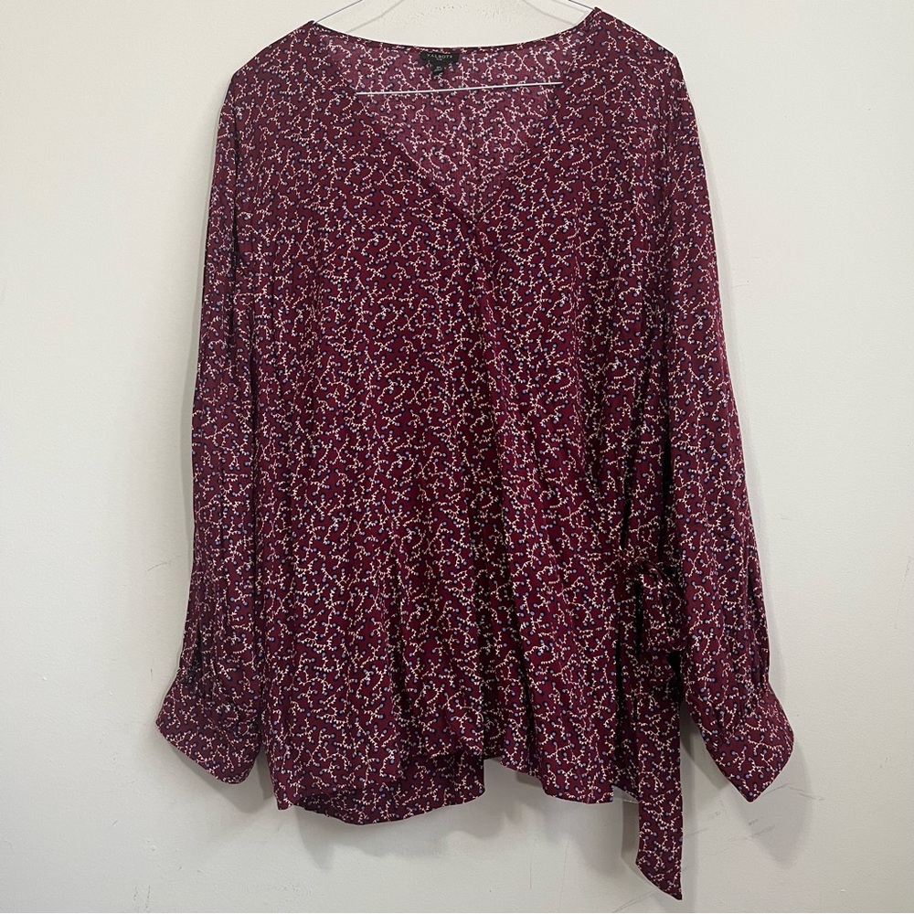 NWOT Talbots 3X Wrap Blouse Shirt Top Red White Print V-neck Office Career Tie